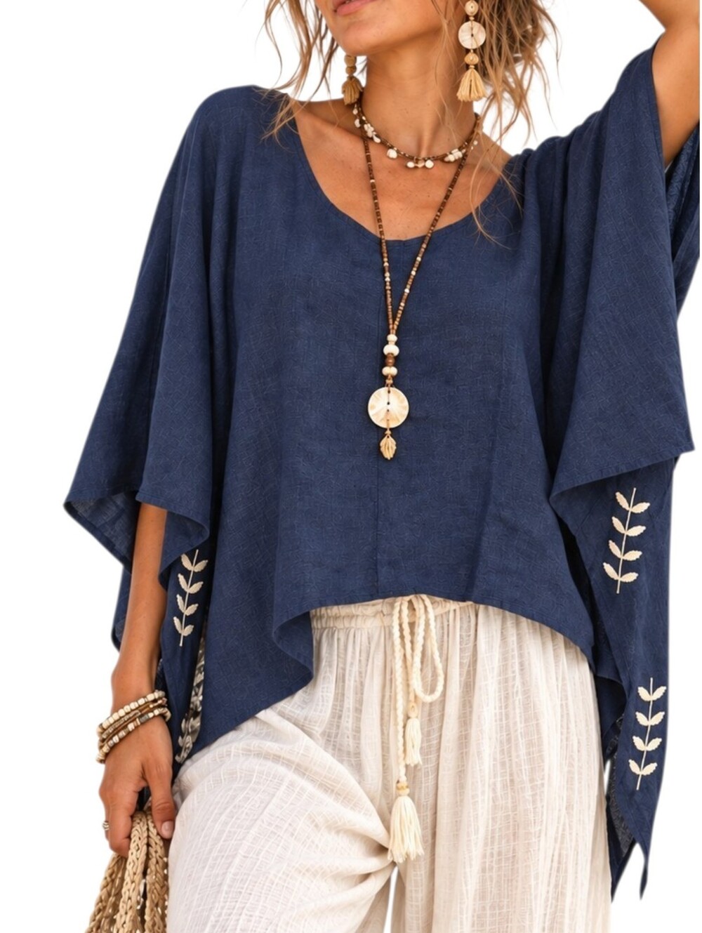 100% Linen Embroidered Poncho Tunic L/XL Navy Lagenlook NWT Coastal Boho Artisan